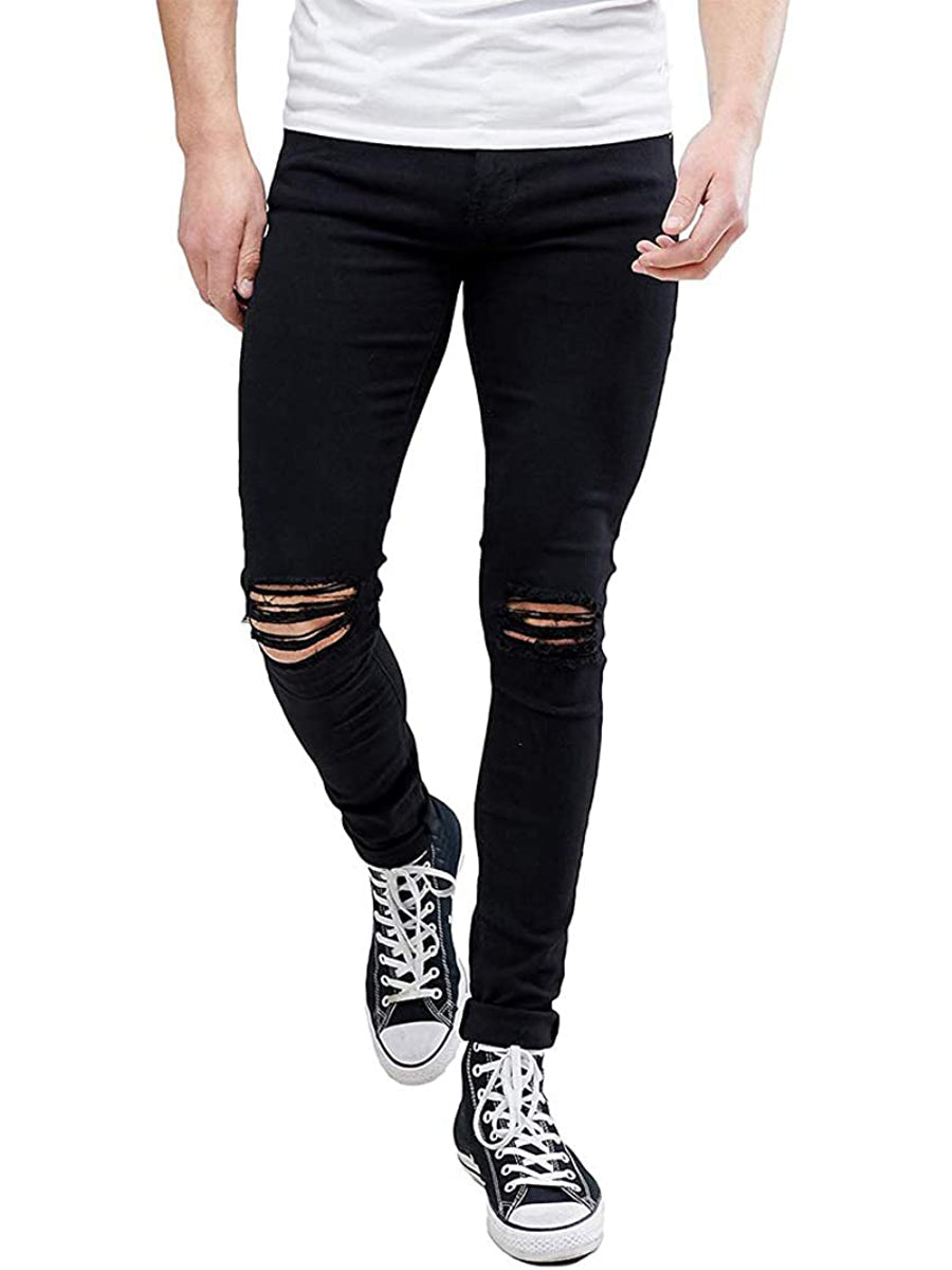 LONGBIDA Tapered Leg Pants Men Ripped Jeans Sale Knee Slim Fit