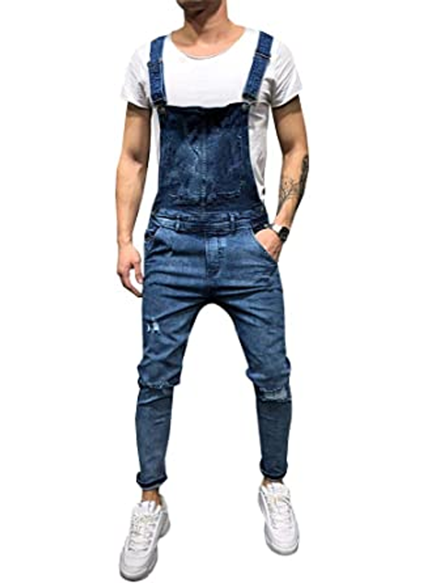 LONGBIDA Overalls Fashion Slim Fit with Pockets Men Denim Jumpsuit