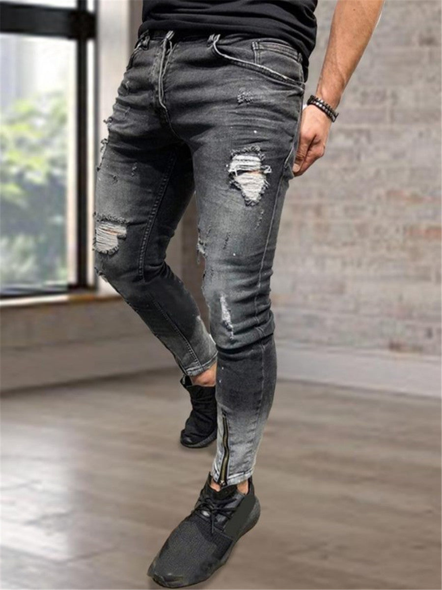 LONGBIDA Fashion Men Ripped Jeans Skinny Casual Zipper Pencil Pants