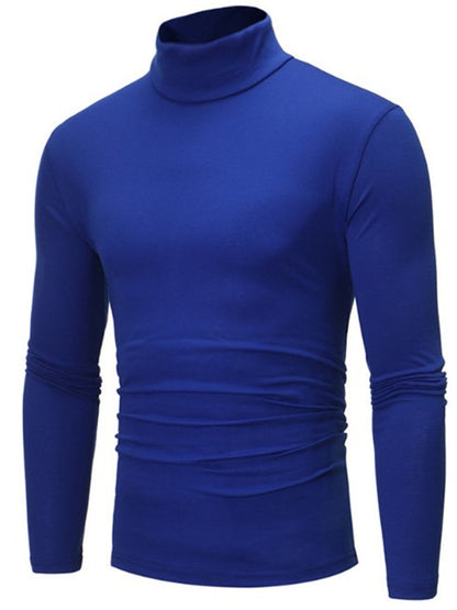LONGBIDA Roll Turtleneck Mens T Shirt Solid Color Tops Slim Basic Stretch