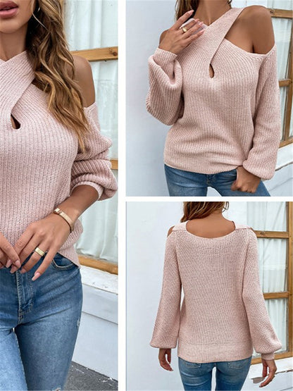 LONGBIDA Cross Hollow Out Women Knitted Sweaters Sexy Off Shoulder