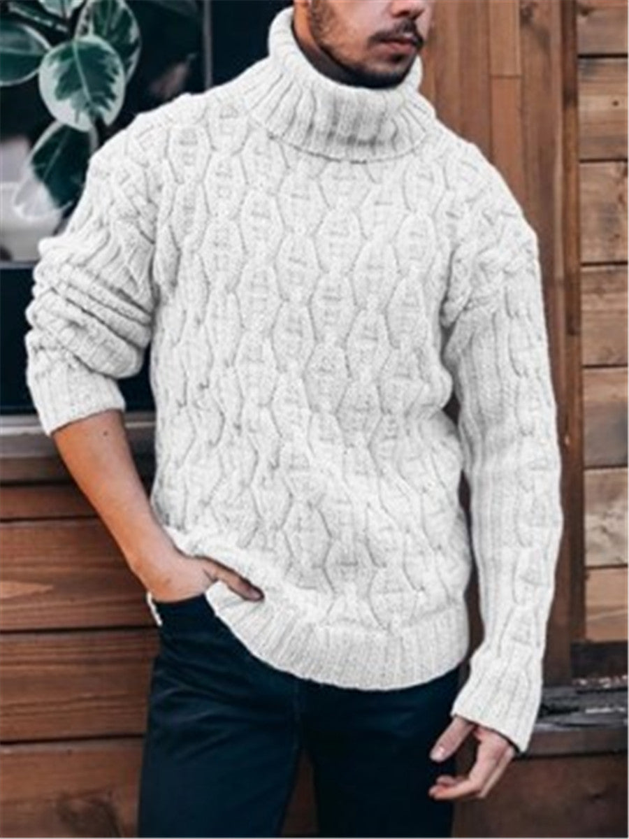 LONGBIDA Men Turtleneck Solid Color Knitted Sweater Long Sleeve Ribbed Thermal