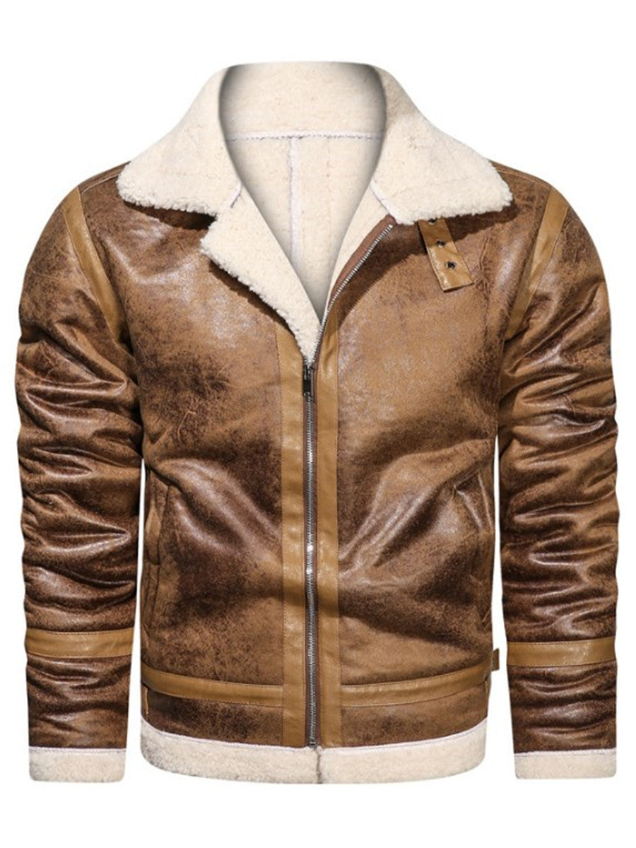 LONGBIDA Mens Faux Leather Jacket Fur Collar Casual Velvet Motorcycle