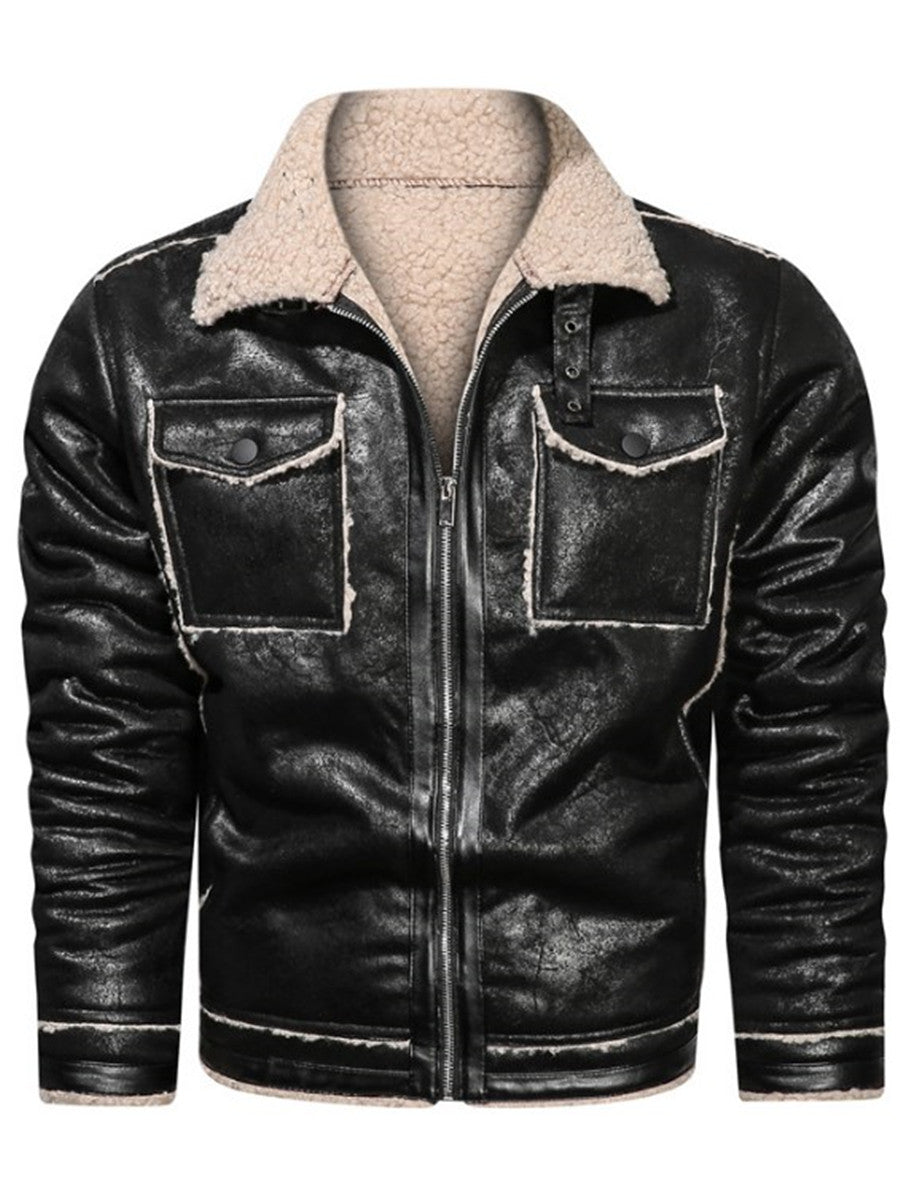 LONGBIDA Mens Faux Leather Jacket Fur Collar Casual Velvet Motorcycle