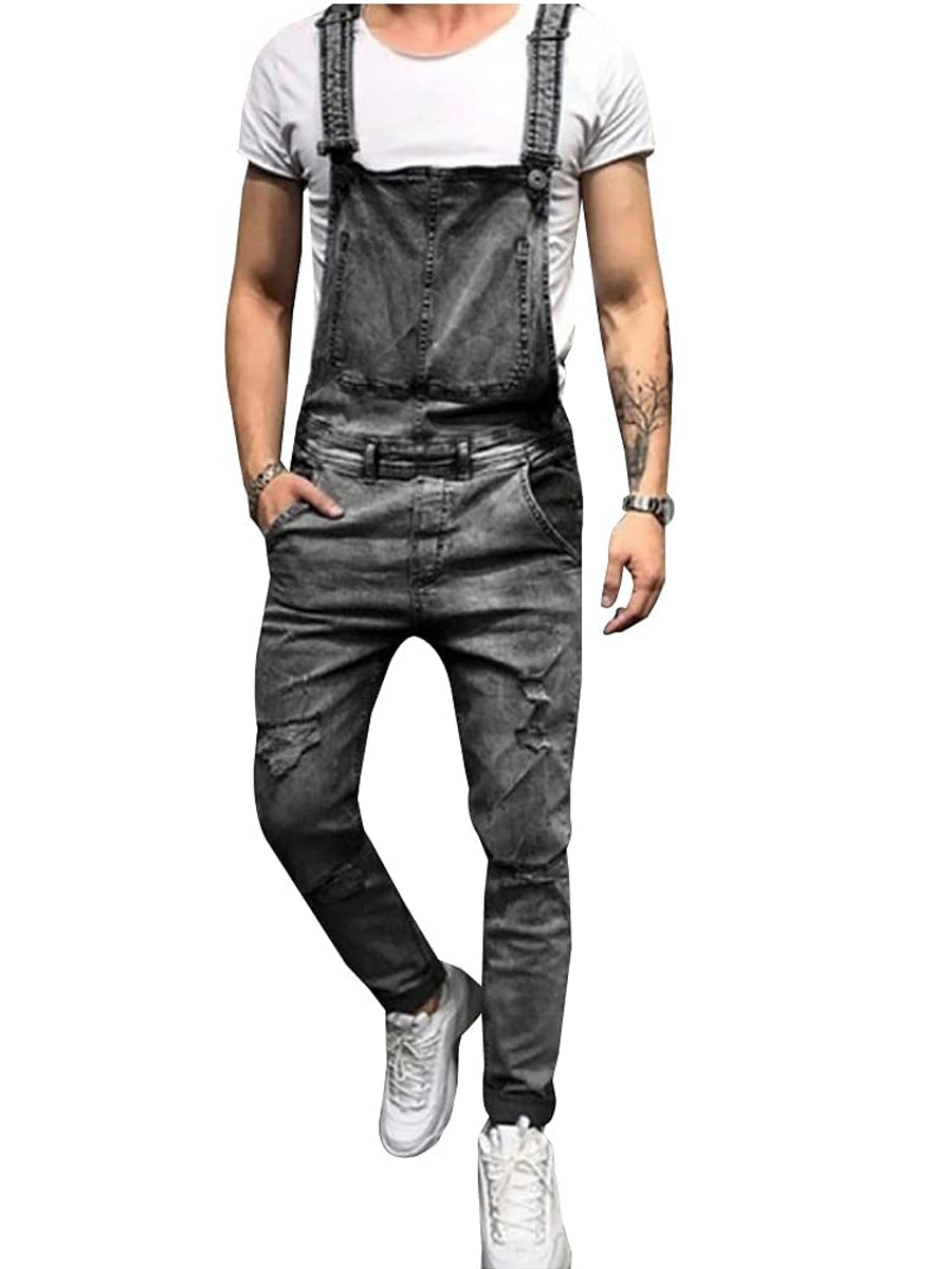 LONGBIDA Overalls Fashion Slim Fit with Pockets Men Denim Jumpsuit