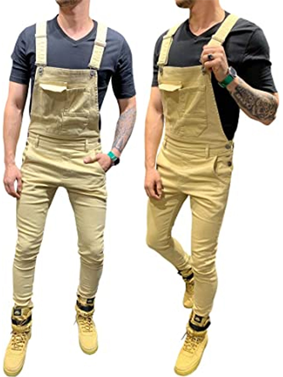 LONGBIDA Overalls Fashion Slim Fit with Pockets Men Denim Jumpsuit