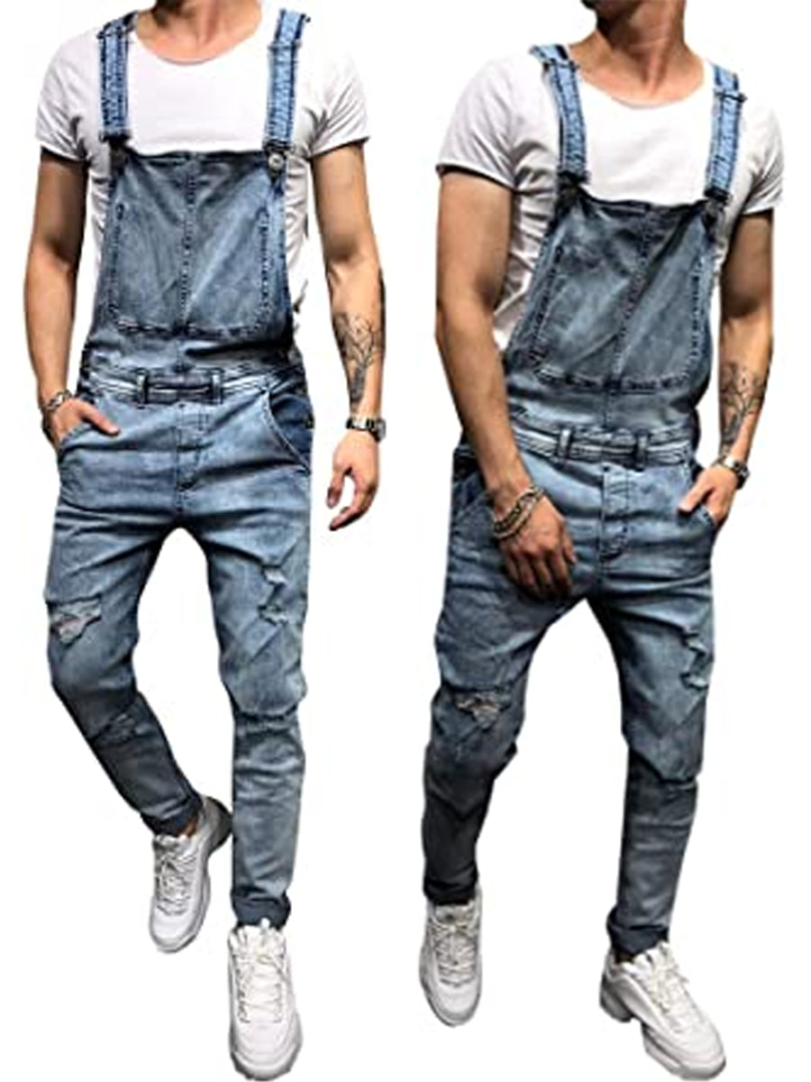 LONGBIDA Overalls Fashion Slim Fit with Pockets Men Denim Jumpsuit