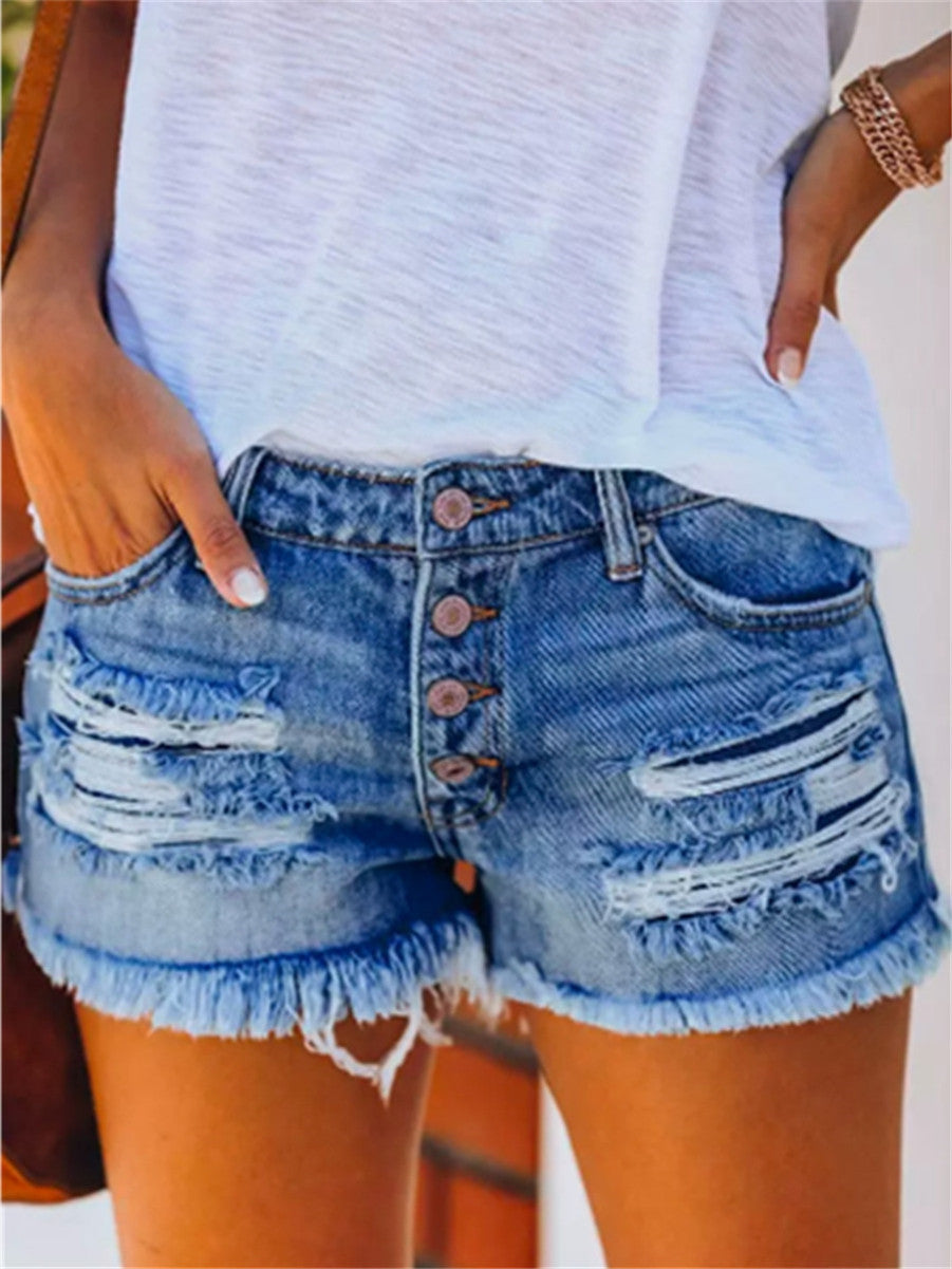 LONGBIDA Ripped Shorts Women Summer High Waist Casual Tassel Pocket Button