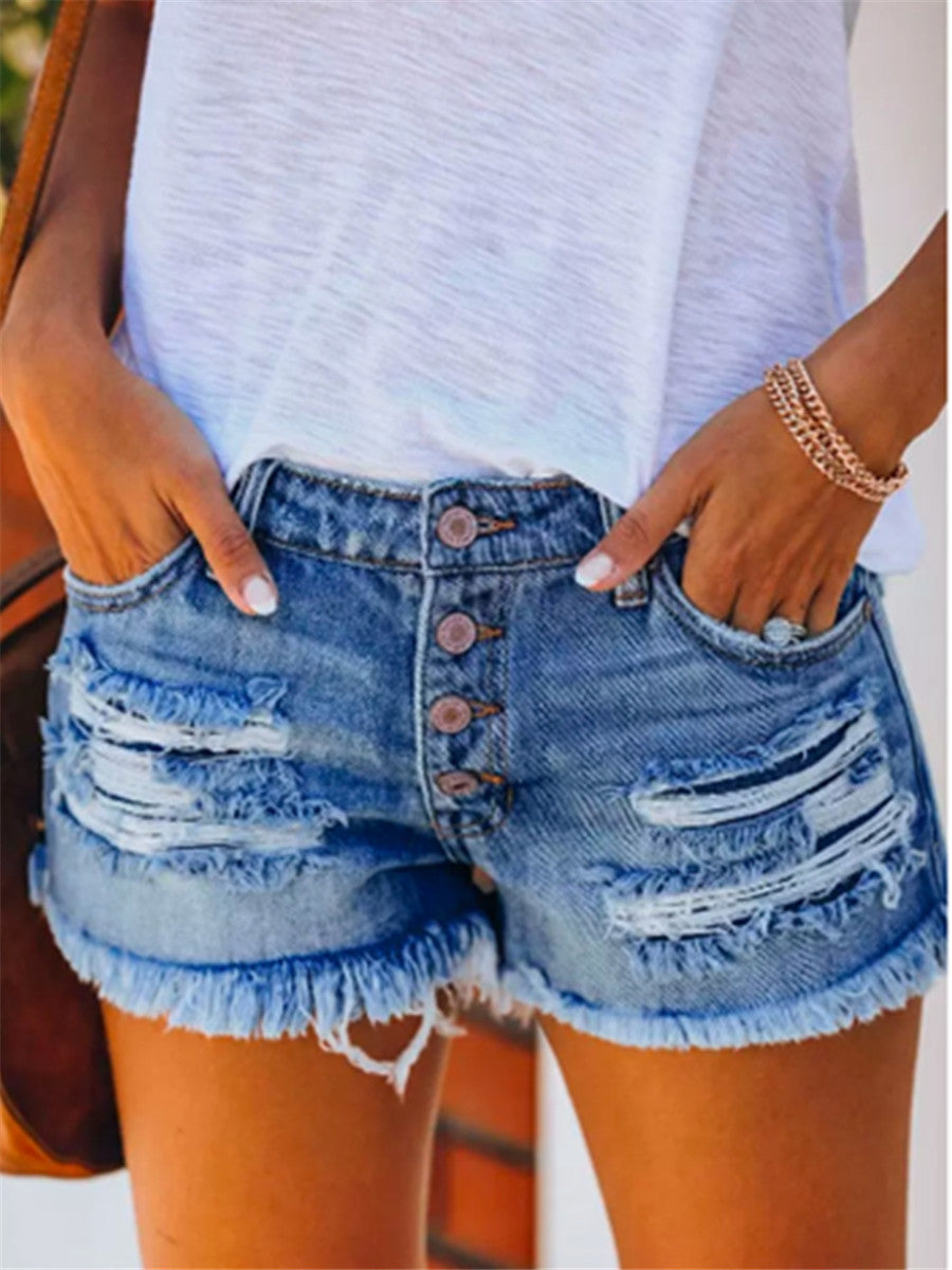 LONGBIDA Ripped Shorts Women Summer High Waist Casual Tassel Pocket Button