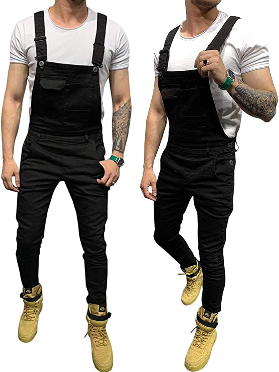 LONGBIDA Overalls Fashion Slim Fit with Pockets Men Denim Jumpsuit