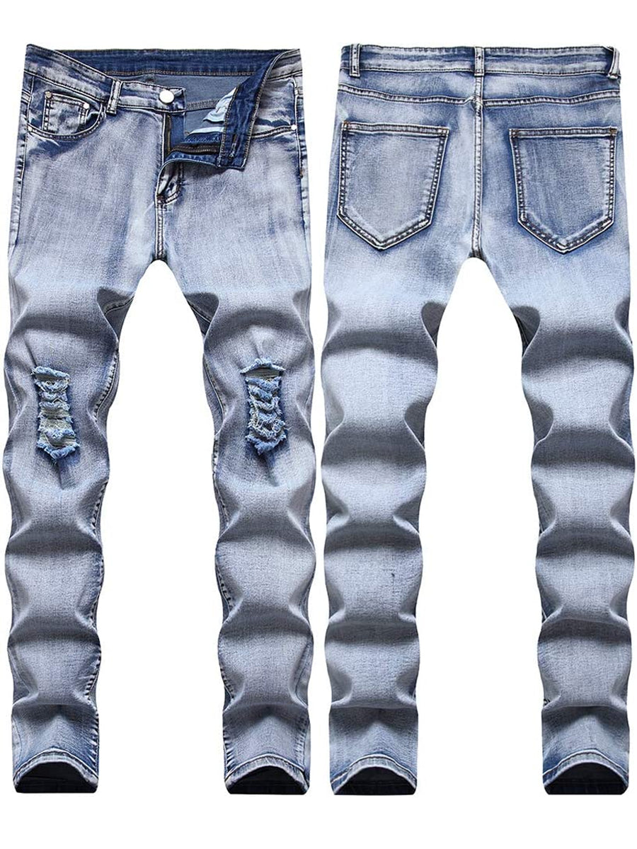 LONGBIDA Tapered Leg Pants Men Ripped Jeans Sale Knee Slim Fit