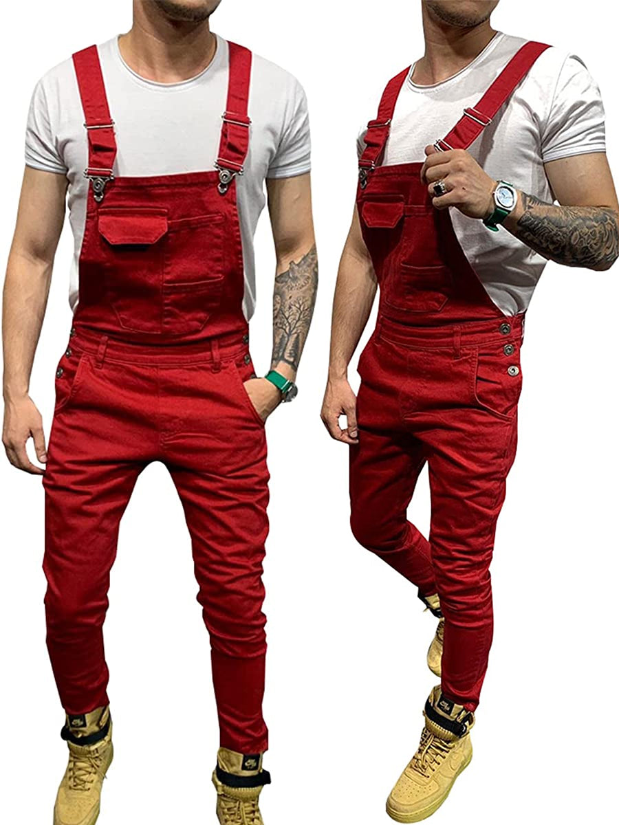 LONGBIDA Overalls Fashion Slim Fit with Pockets Men Denim Jumpsuit