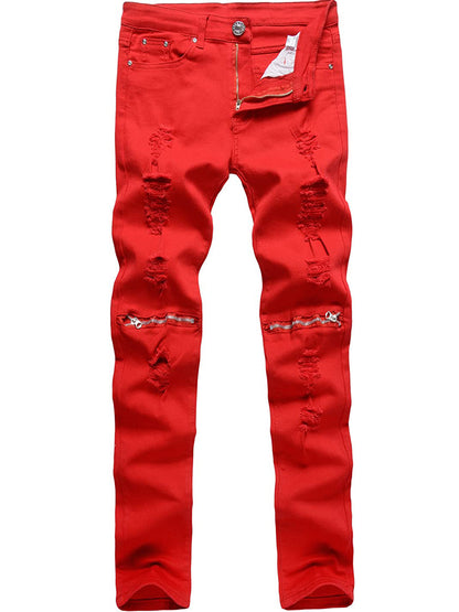 LONGBIDA Stretchy Pants Zipper Men Ripped Jeans Slim Skinny Designer
