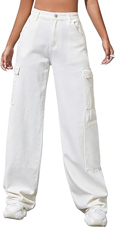 LONGBIDA Women's High Waisted Cargo Jeans Y2K Straight Wide Leg Baggy Jeans Loose Denim Cargo Pants Trousers