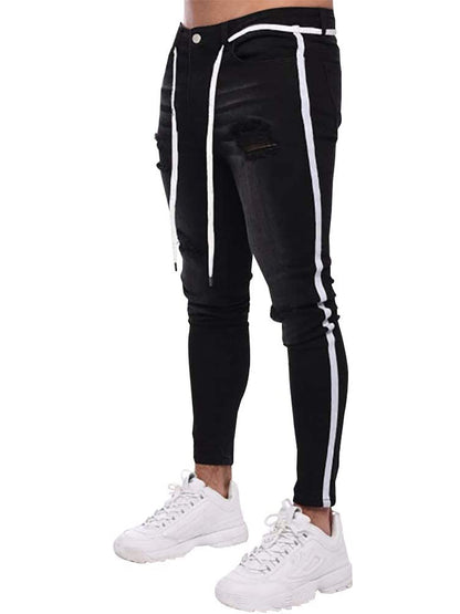 LONGBIDA Destroyed Striped Ankle Zipper Pants Men Ripped Jeans Slim Skinny