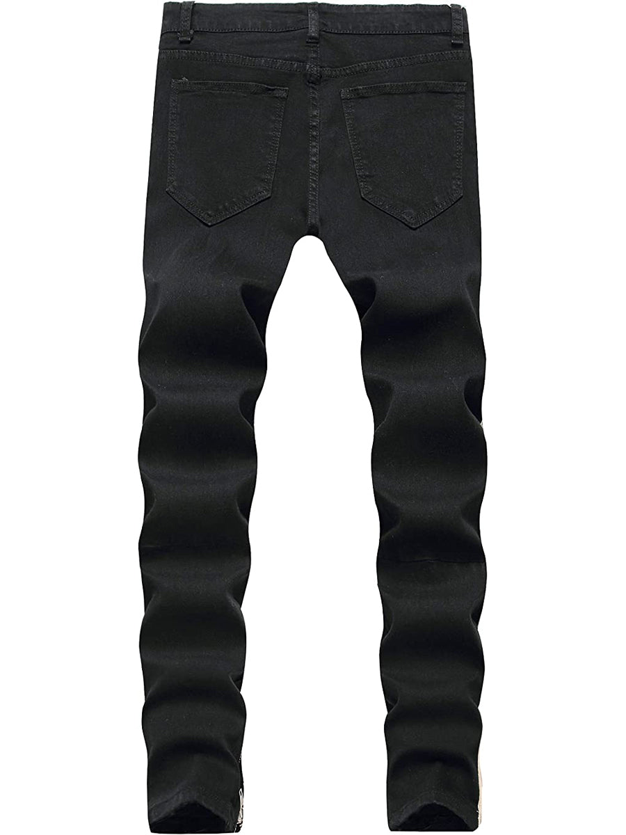 LONGBIDA Destroyed Striped Ankle Zipper Pants Men Ripped Jeans Slim Skinny
