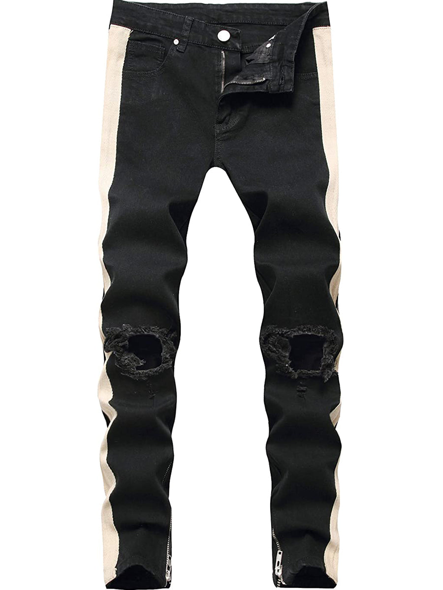 LONGBIDA Destroyed Striped Ankle Zipper Pants Men Ripped Jeans Slim Skinny