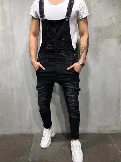 LONGBIDA Denim Jumpsuit Urban Men Jeans Fashion Casual Ripped