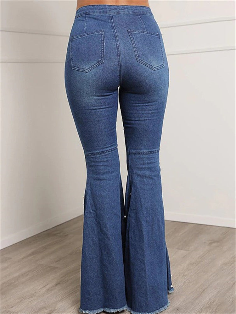 LONGBIDA Fashion Women Beading Jeans High Waist Single-breasted Casual