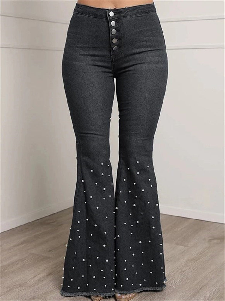 LONGBIDA Fashion Women Beading Jeans High Waist Single-breasted Casual