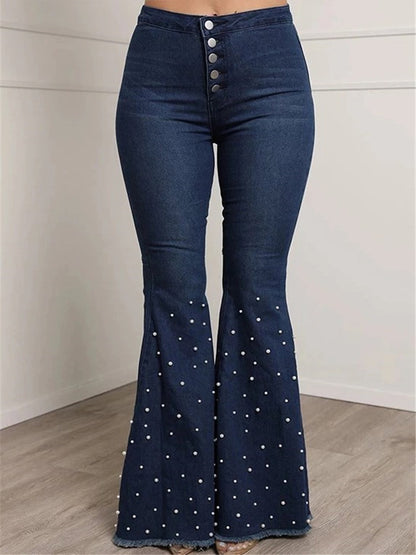 LONGBIDA Fashion Women Beading Jeans High Waist Single-breasted Casual