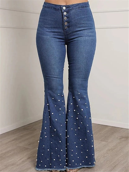 LONGBIDA Fashion Women Beading Jeans High Waist Single-breasted Casual