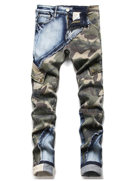 LONGBIDA Fashion Men Ripped Jeans Camouflage Stitching Motorcycle Streetwear
