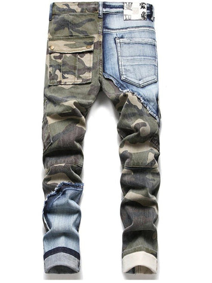 LONGBIDA Fashion Men Ripped Jeans Camouflage Stitching Motorcycle Streetwear