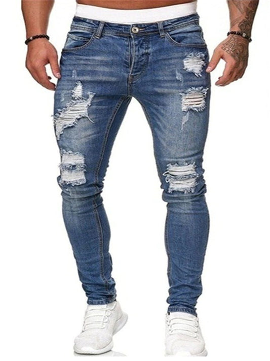 LONGBIDA Men Ripped Jeans Skinny Blue Hip Hop Denim Casual Jogging