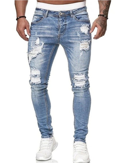 LONGBIDA Men Ripped Jeans Skinny Blue Hip Hop Denim Casual Jogging