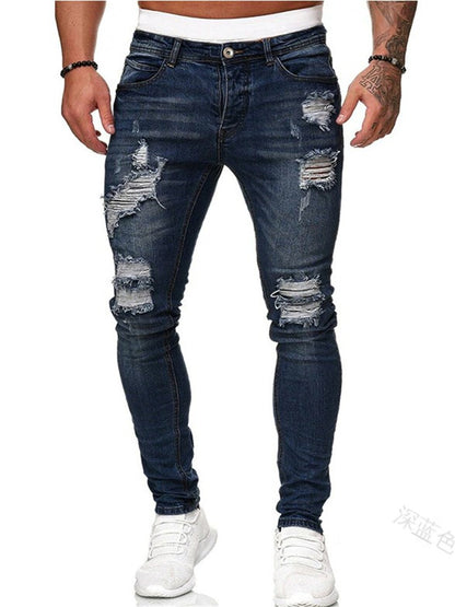 LONGBIDA Men Ripped Jeans Skinny Blue Hip Hop Denim Casual Jogging