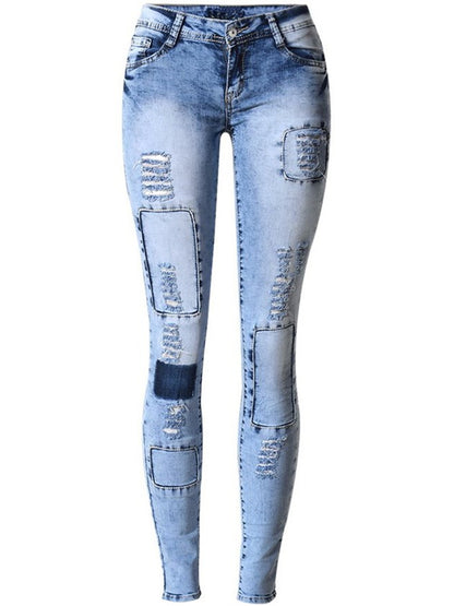 LONGBIDA Women Patchwork Ripped Jeans Sky Blue Pencil High Stretch Sexy