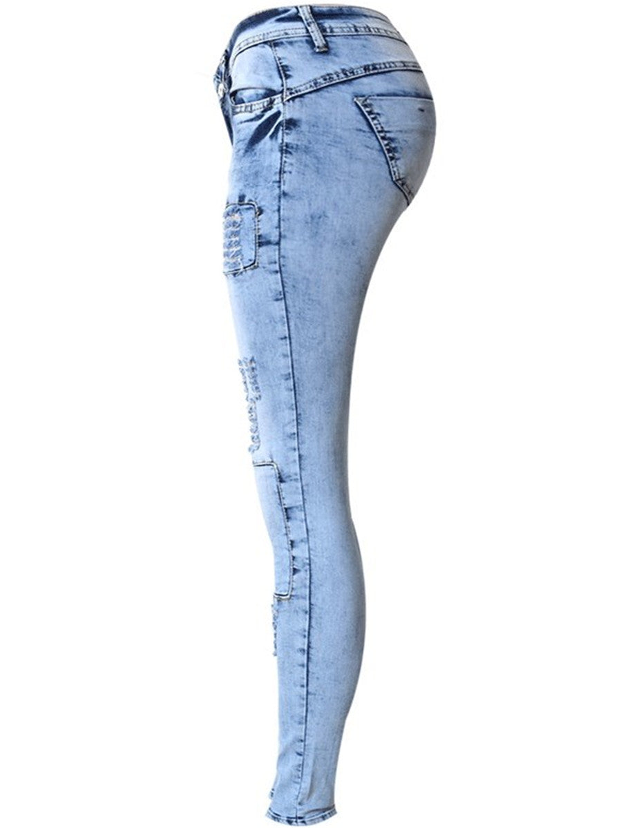 LONGBIDA Women Patchwork Ripped Jeans Sky Blue Pencil High Stretch Sexy