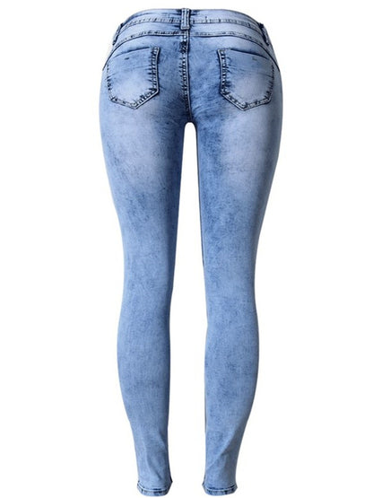 LONGBIDA Women Patchwork Ripped Jeans Sky Blue Pencil High Stretch Sexy