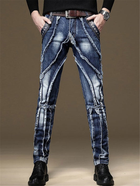 LONGBIDA Striped Ankle Zipper Pencil Pants Men Ripped Jeans Sale Slim