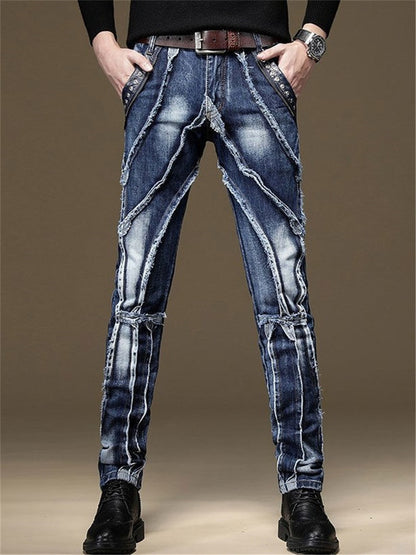 LONGBIDA Denim Street Pants Ripped Jeans Slim Fit Men Patchwork Blue