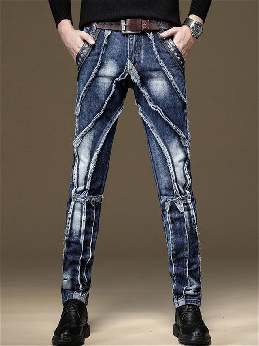 LONGBIDA Denim Street Pants Ripped Jeans Slim Fit Men Patchwork Blue