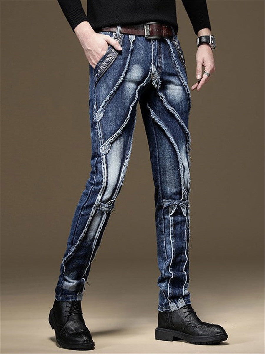 LONGBIDA Denim Street Pants Ripped Jeans Slim Fit Men Patchwork Blue
