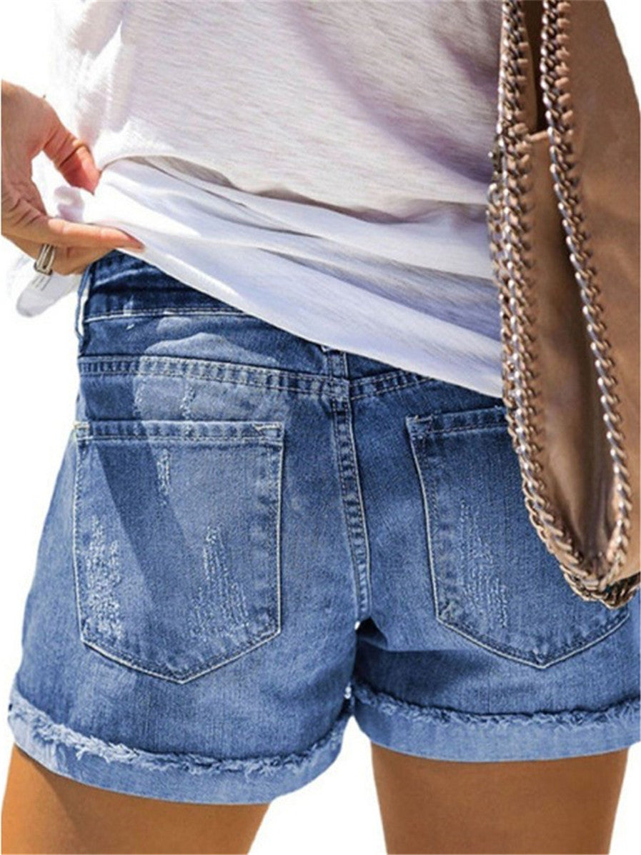 LONGBIDA Women Ripped Shorts Jeans High Waist Denim Shorts Blue Summer