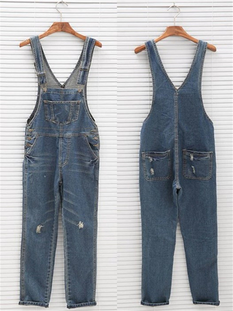 LONGBIDA Denim Jumpsuit Women Ripped Sleeveless Overalls Casual