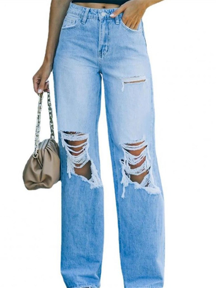 LONGBIDA Denim Ripped Jeans Women Classic Blue High Waist Straight Leg