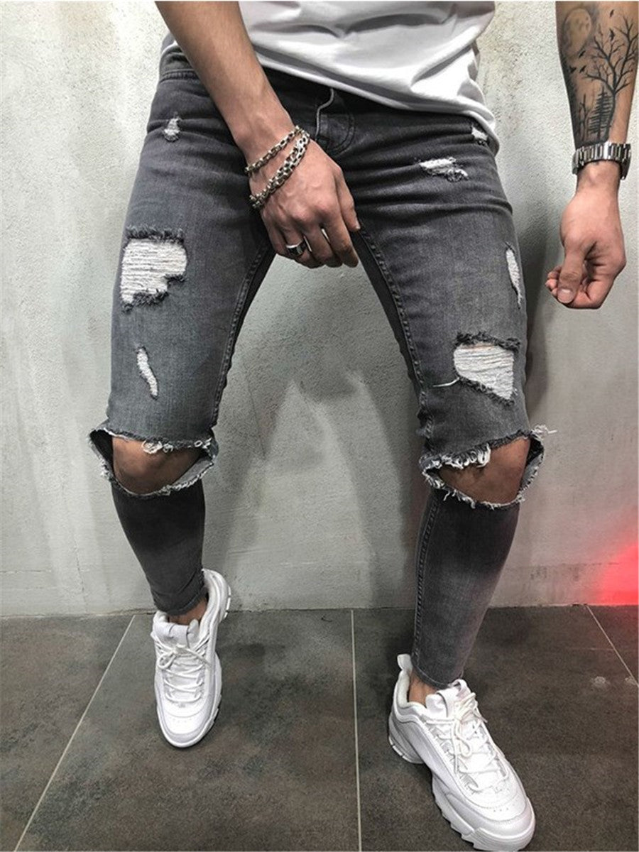 LONGBIDA Ripped Men Jeans Fashion Streetwear Blue Gray Punk Pants Hip Hop