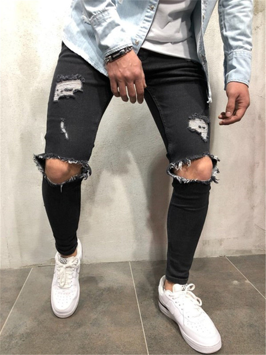 LONGBIDA Ripped Men Jeans Fashion Streetwear Blue Gray Punk Pants Hip Hop