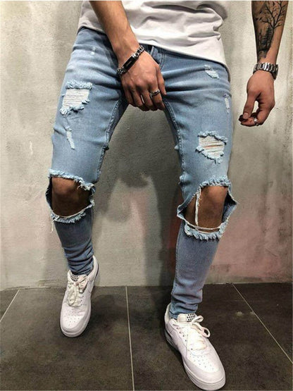 LONGBIDA Ripped Men Jeans Fashion Streetwear Blue Gray Punk Pants Hip Hop