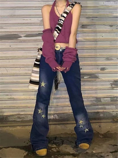 LONGBIDA Star Printed Streetwear Women Denim Jeans Skinny Flare Retro
