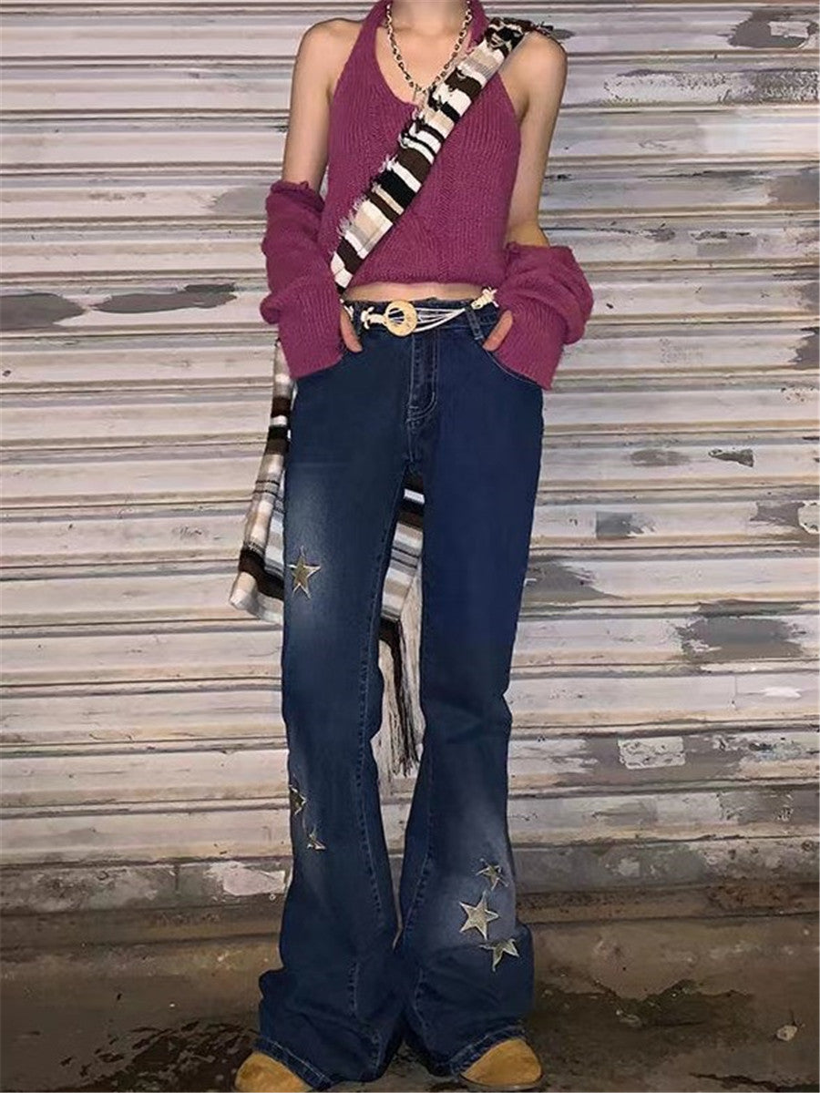 LONGBIDA Star Printed Streetwear Women Denim Jeans Skinny Flare Retro