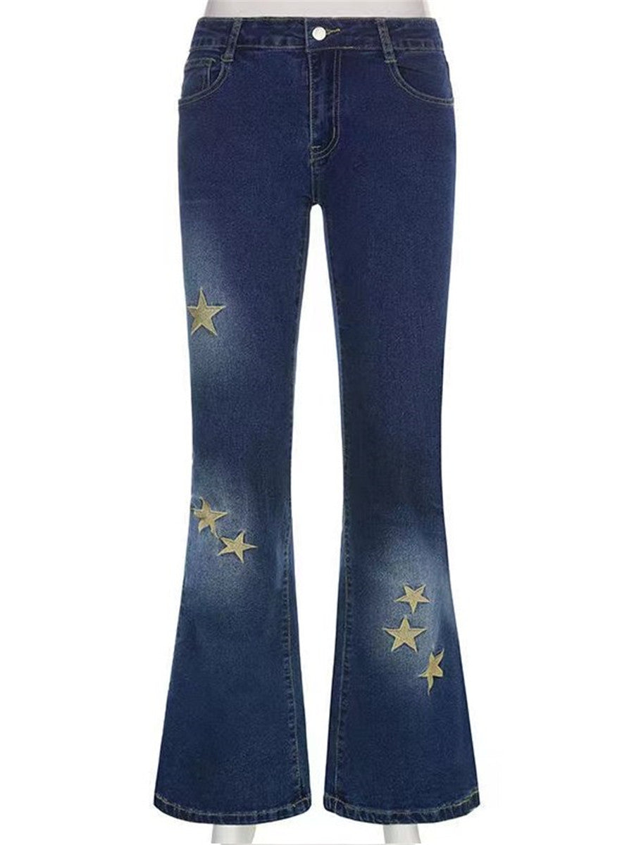 LONGBIDA Star Printed Streetwear Women Denim Jeans Skinny Flare Retro