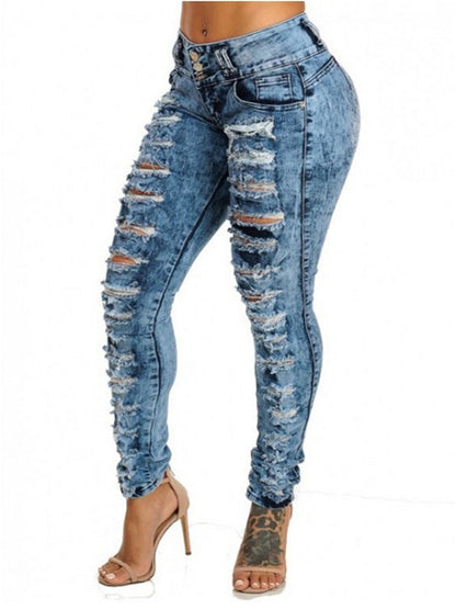 LONGBIDA Ripped Women Jeans High Waist Slim Fit Pencil Pants