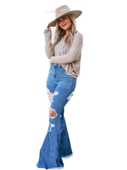 LONGBIDA High Waist Bell Bottoms Ripped Wide Leg Pants Women