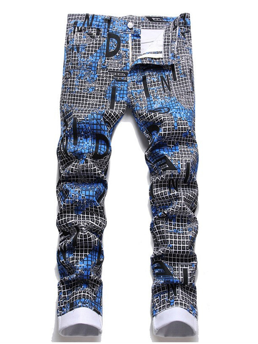 LONGBIDA Plaid Letters Digital Print Patchwork Jeans Men Fashion Slim
